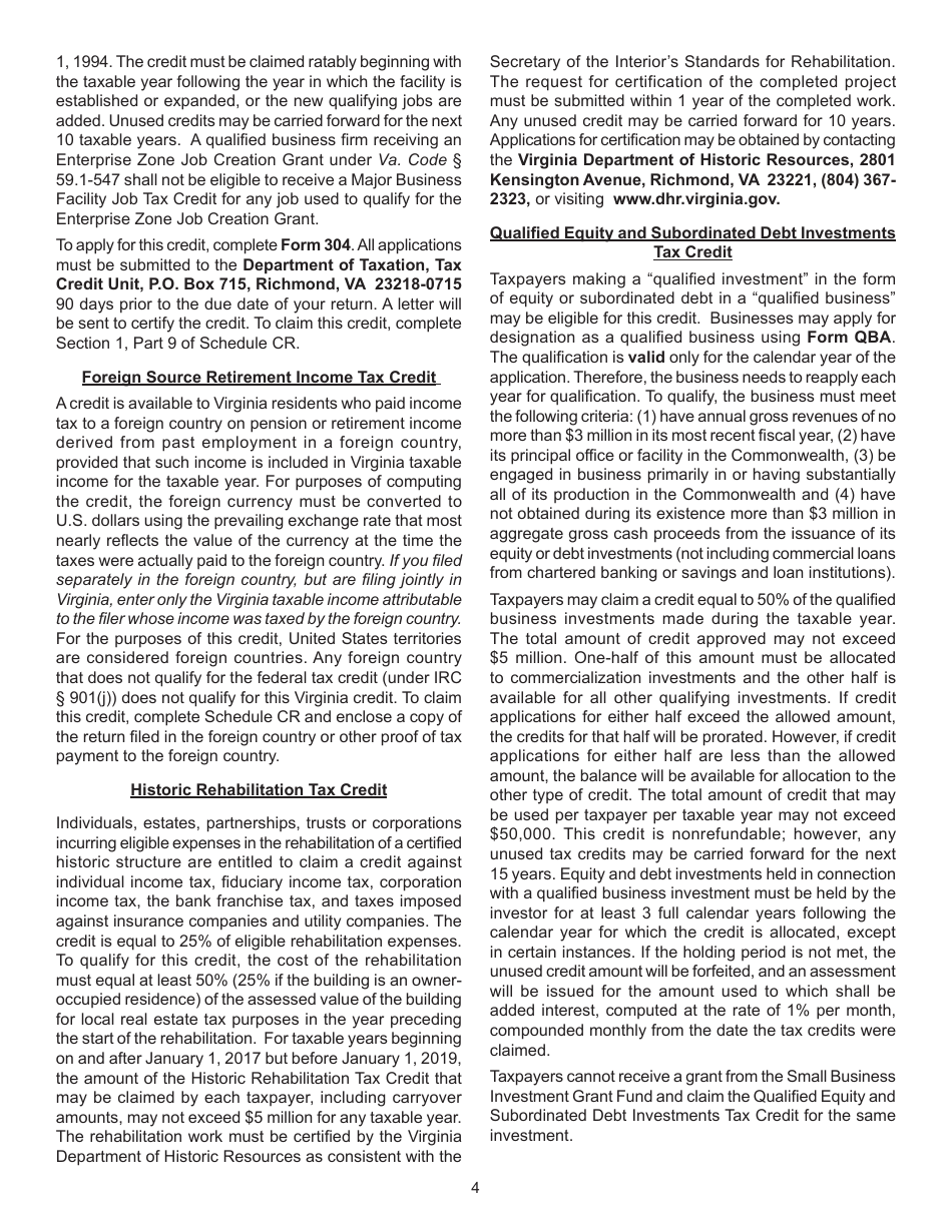 Instructions for Form 760, 760PY, 763, 765 Schedule CR Credit Computation Schedule - Virginia, Page 4