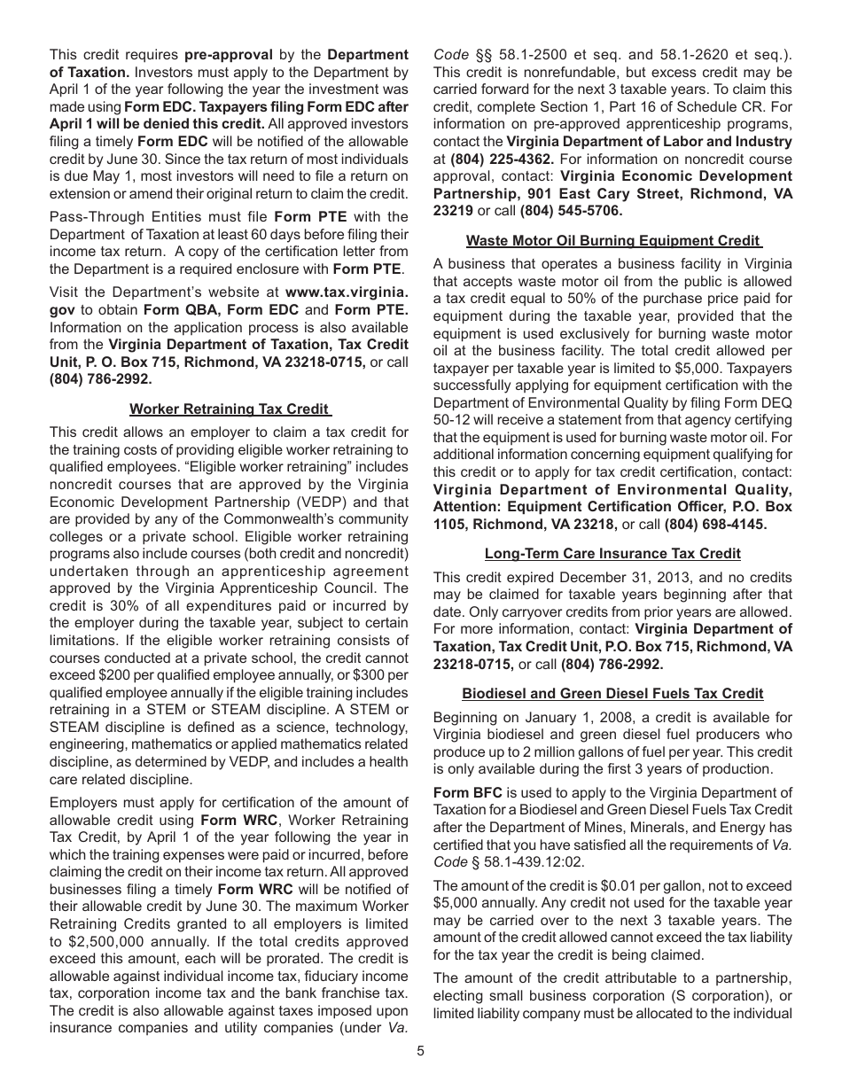 Instructions for Form 760, 760PY, 763, 765 Schedule CR Credit Computation Schedule - Virginia, Page 5