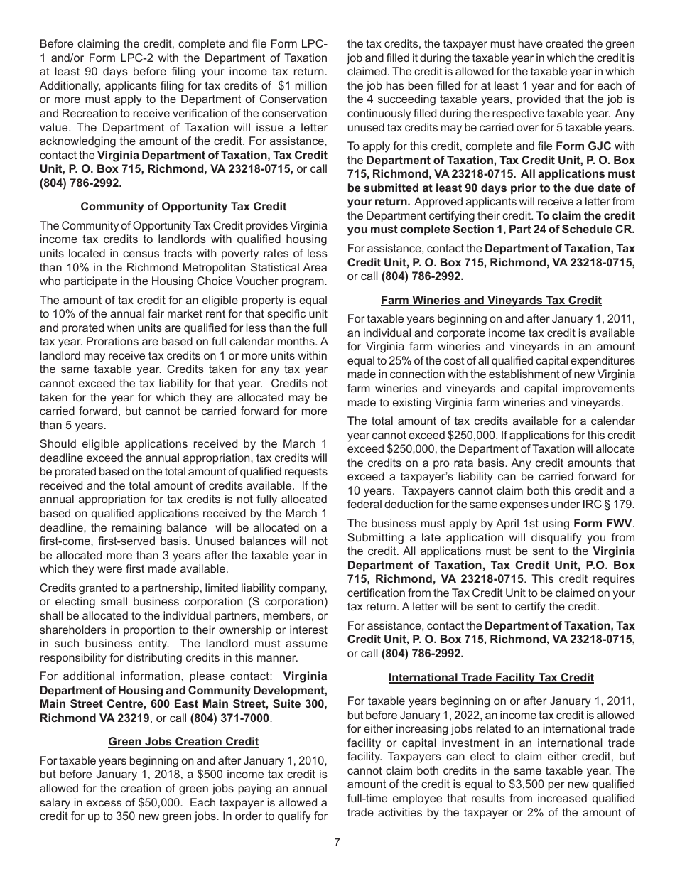 Instructions for Form 760, 760PY, 763, 765 Schedule CR Credit Computation Schedule - Virginia, Page 7
