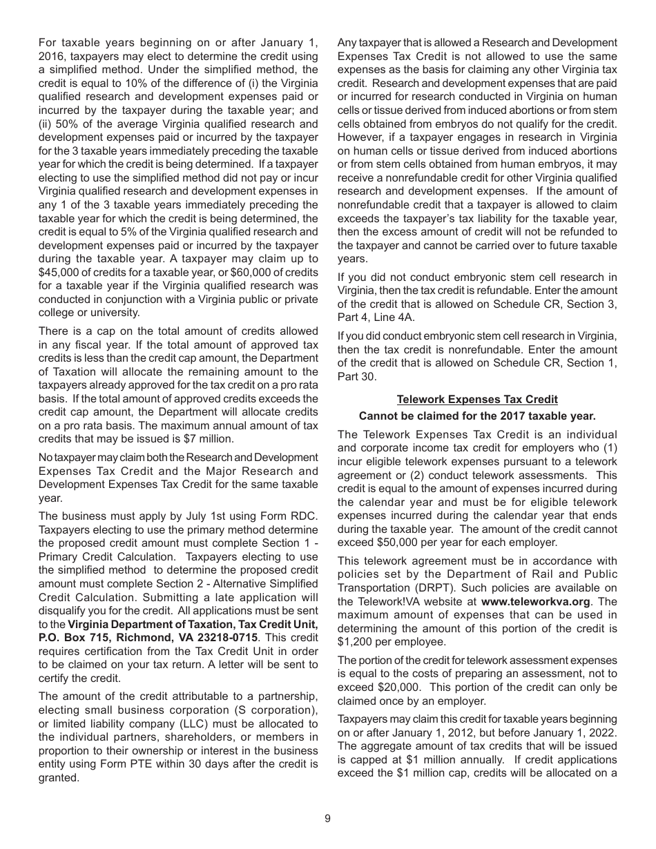 Instructions for Form 760, 760PY, 763, 765 Schedule CR Credit Computation Schedule - Virginia, Page 9