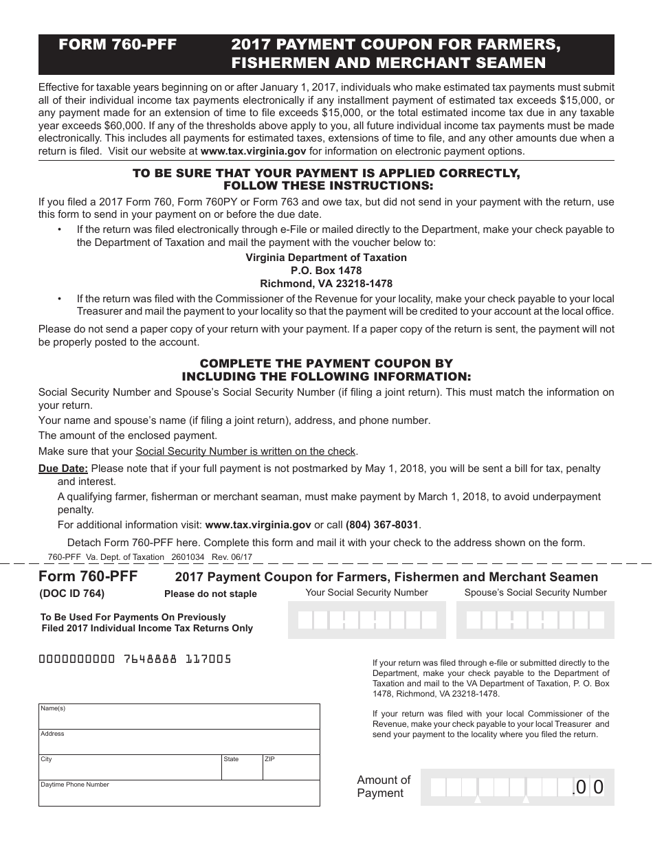Form 760-PFF Payment Coupon for Farmers, Fishermen and Merchant Seamen - Virginia, Page 1