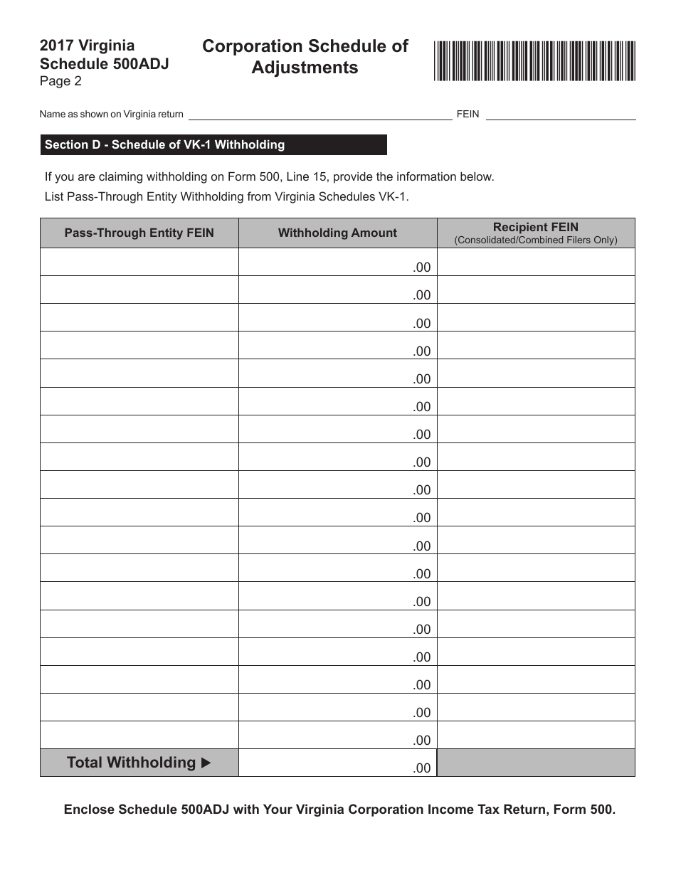 Schedule 500ADJ Corporation Schedule of Adjustments - Virginia, Page 2
