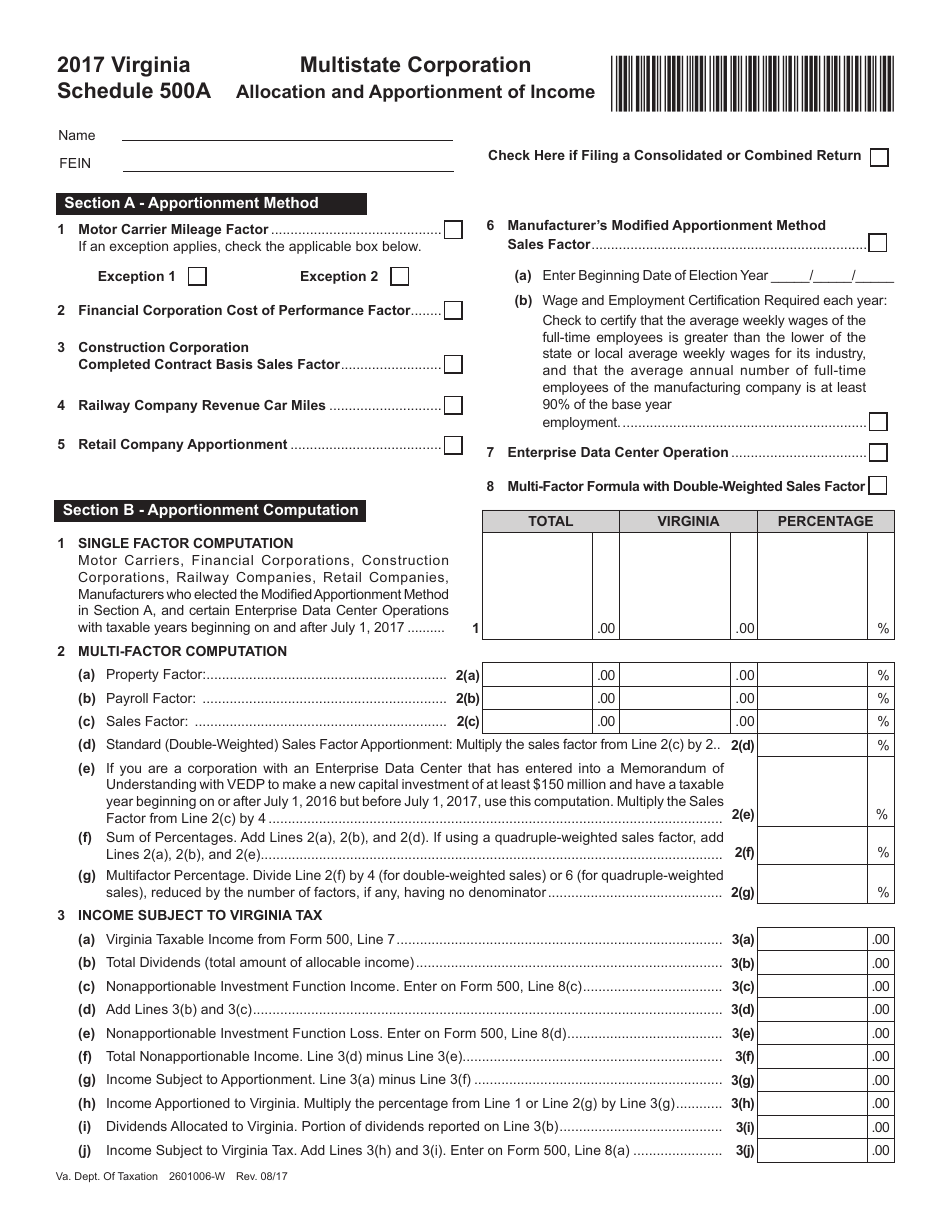Form 2601006-W Schedule 500A Multistate Corporation - Allocation and Apportionment of Income - Virginia, Page 1