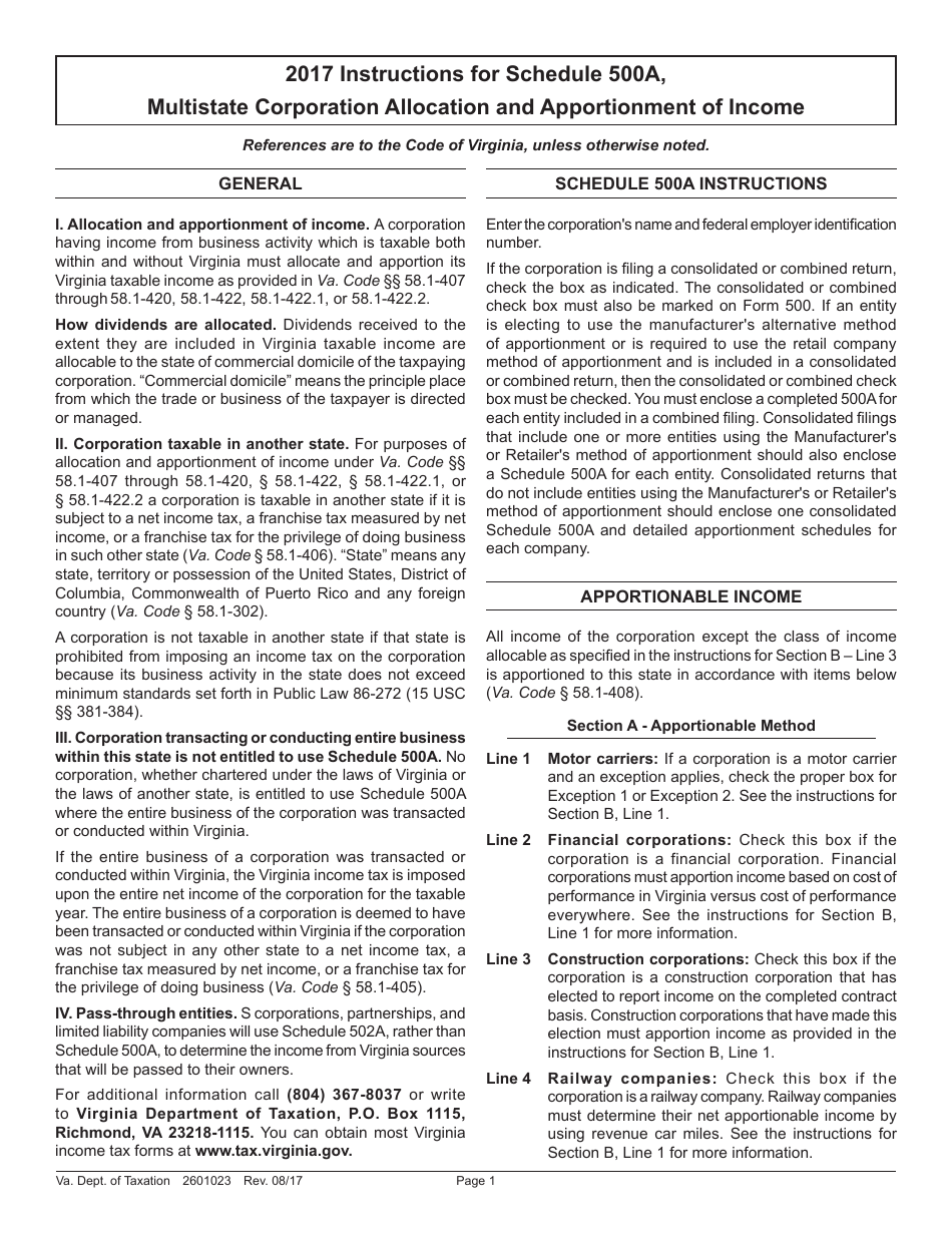 Instructions for Schedule 500A Multistate Corporation Allocation and Apportionment of Income - Virginia, Page 1