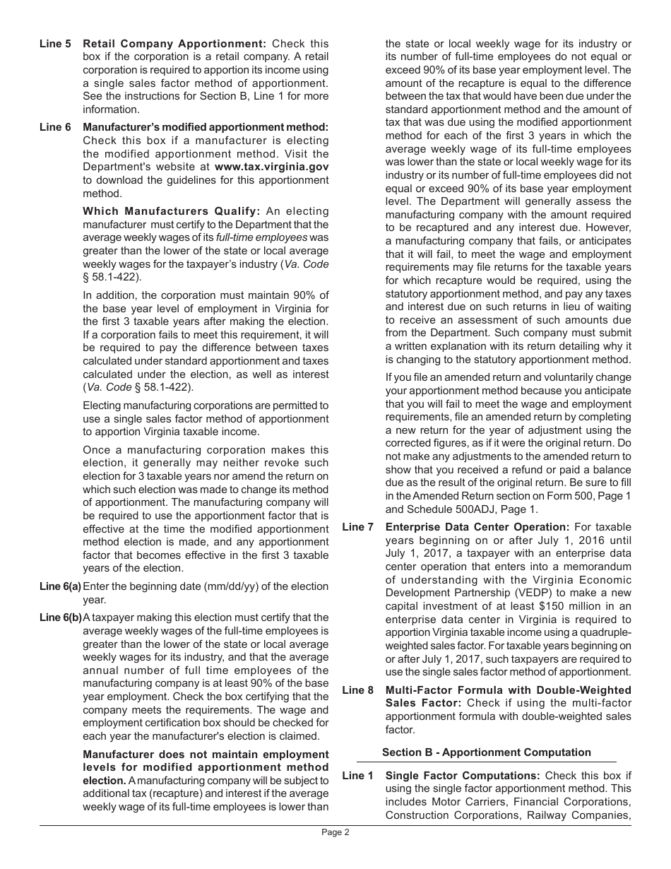 Instructions for Schedule 500A Multistate Corporation Allocation and Apportionment of Income - Virginia, Page 2