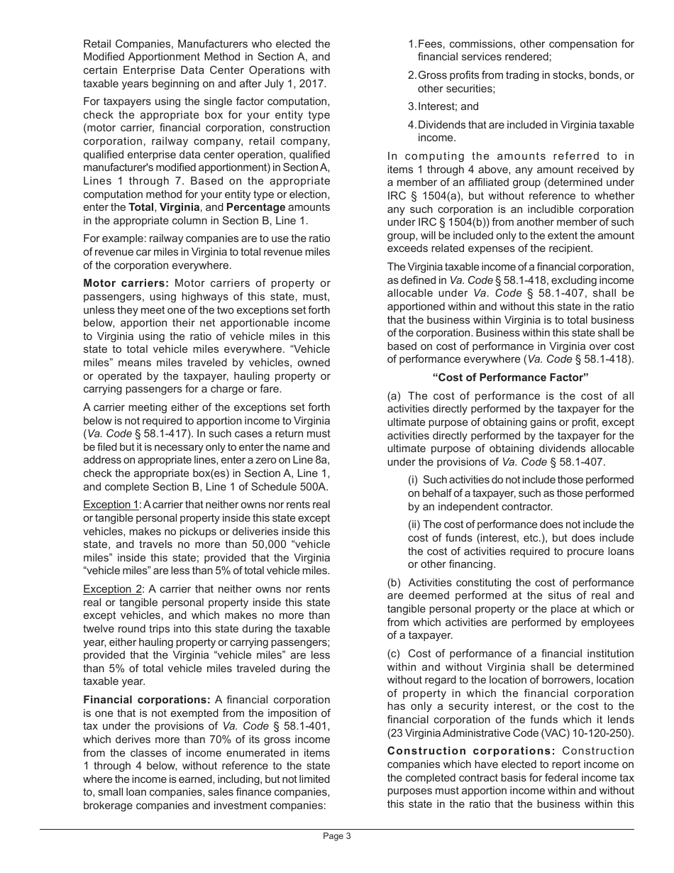 Instructions for Schedule 500A Multistate Corporation Allocation and Apportionment of Income - Virginia, Page 3