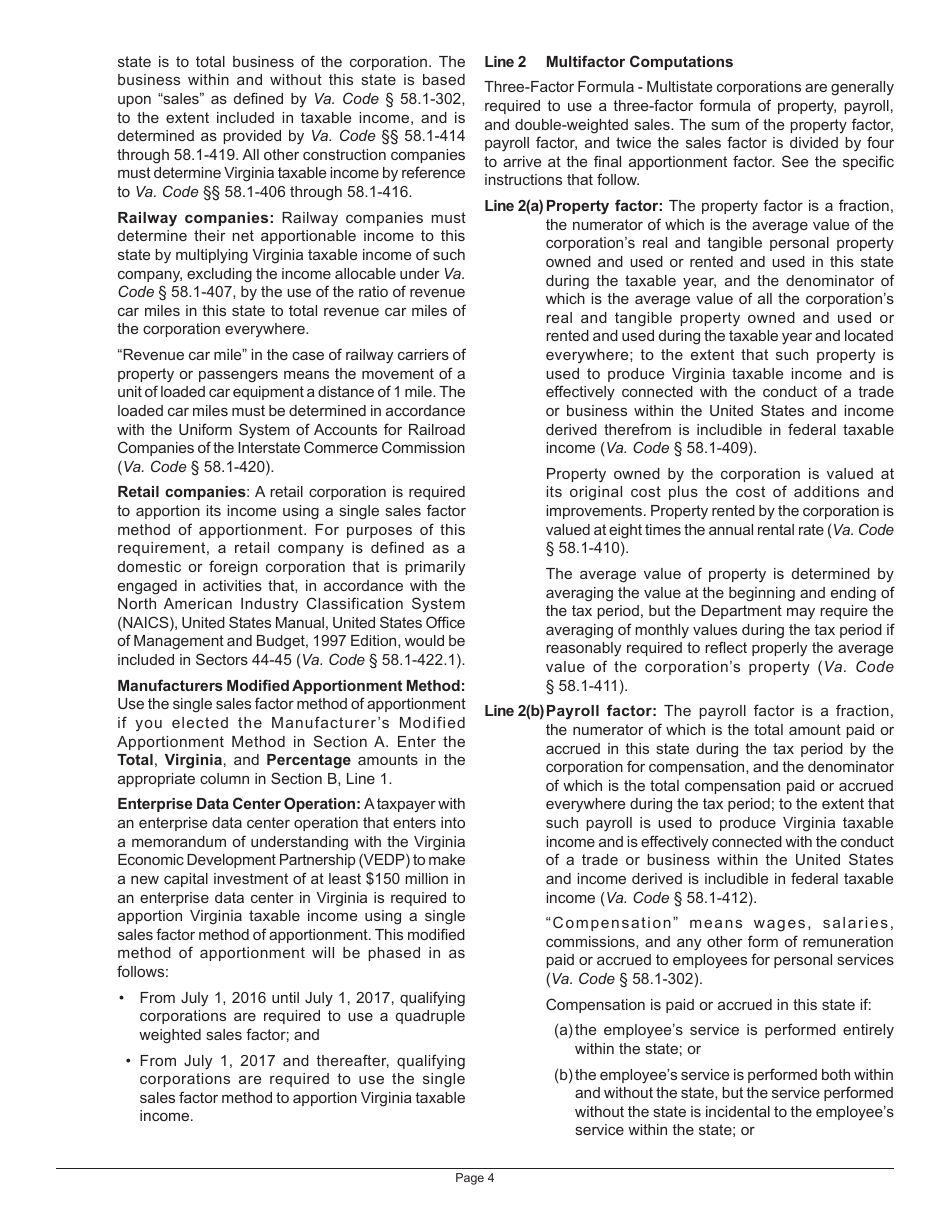 Instructions for Schedule 500A Multistate Corporation Allocation and Apportionment of Income - Virginia, Page 4