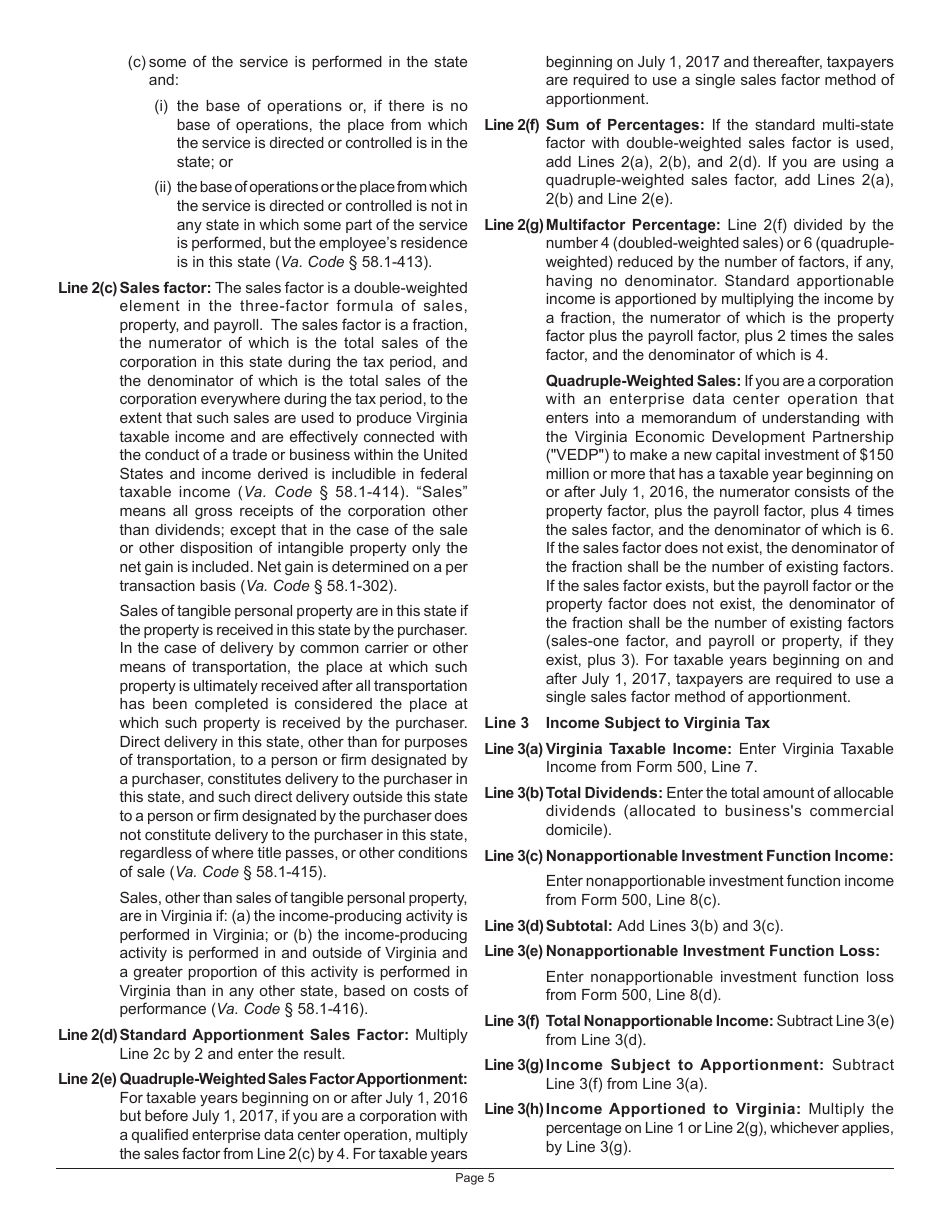 Instructions for Schedule 500A Multistate Corporation Allocation and Apportionment of Income - Virginia, Page 5