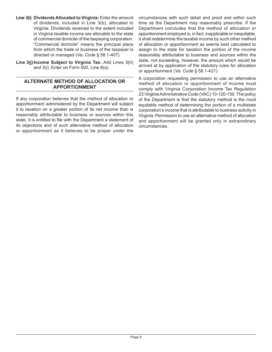 Instructions for Schedule 500A Multistate Corporation Allocation and Apportionment of Income - Virginia, Page 6