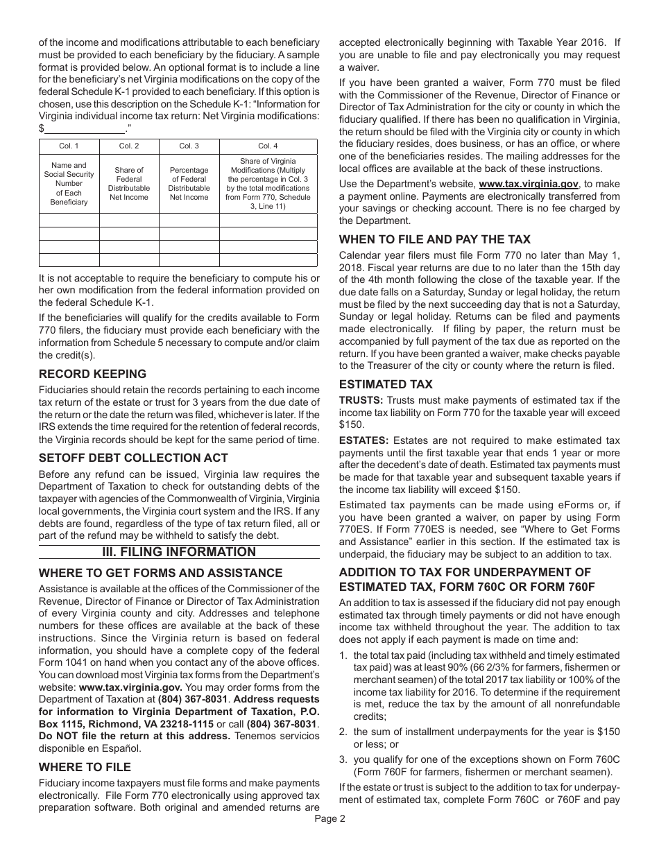 Instructions for Form 770 Virginia Fiduciary Income Tax - Virginia, Page 4