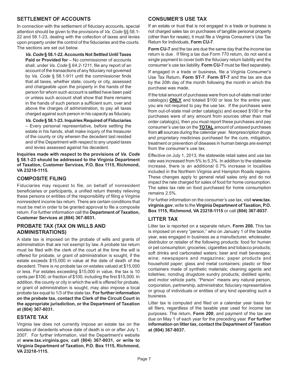 Instructions for Form 770 Virginia Fiduciary Income Tax - Virginia, Page 9