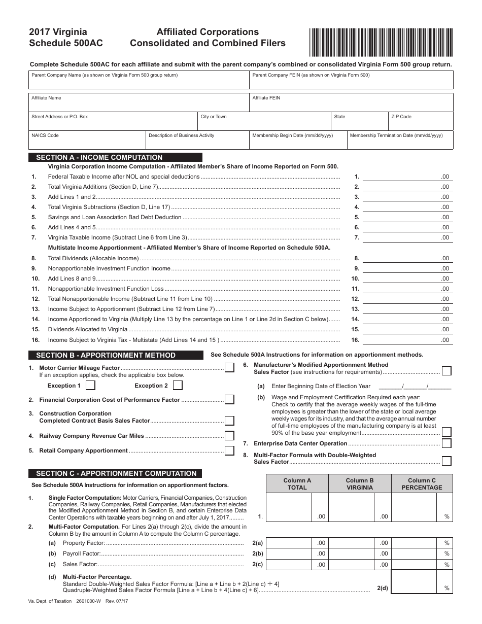 Form 2601000-W Schedule 500AC Affiliated Corporations Consolidated and Combined Filers - Virginia, Page 1