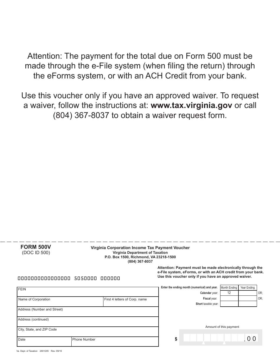 Form 500V Virginia Corporation Income Tax Payment Voucher - Virginia, Page 1