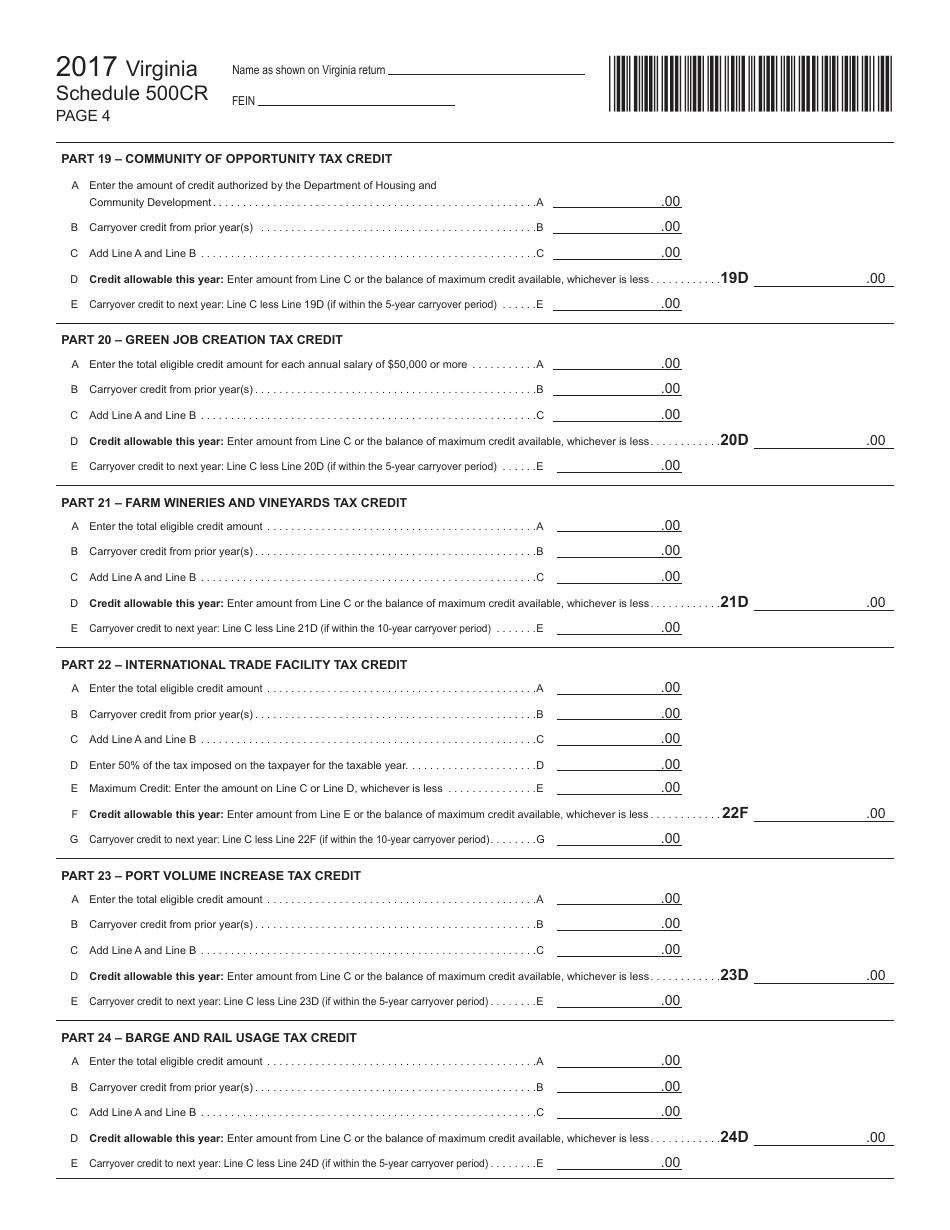 Form 2601011-W Schedule 500CR Credit Computation Schedule - Virginia, Page 4