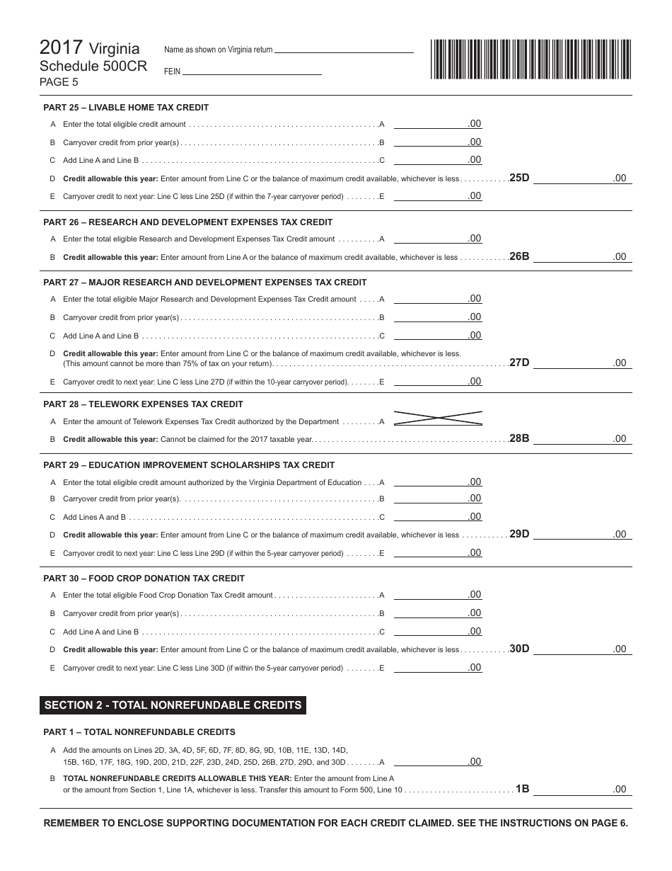 Form 2601011-W Schedule 500CR Credit Computation Schedule - Virginia, Page 5