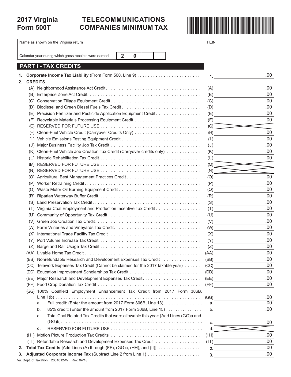Form 500T Telecommunications Companies Minimum Tax - Virginia, Page 1
