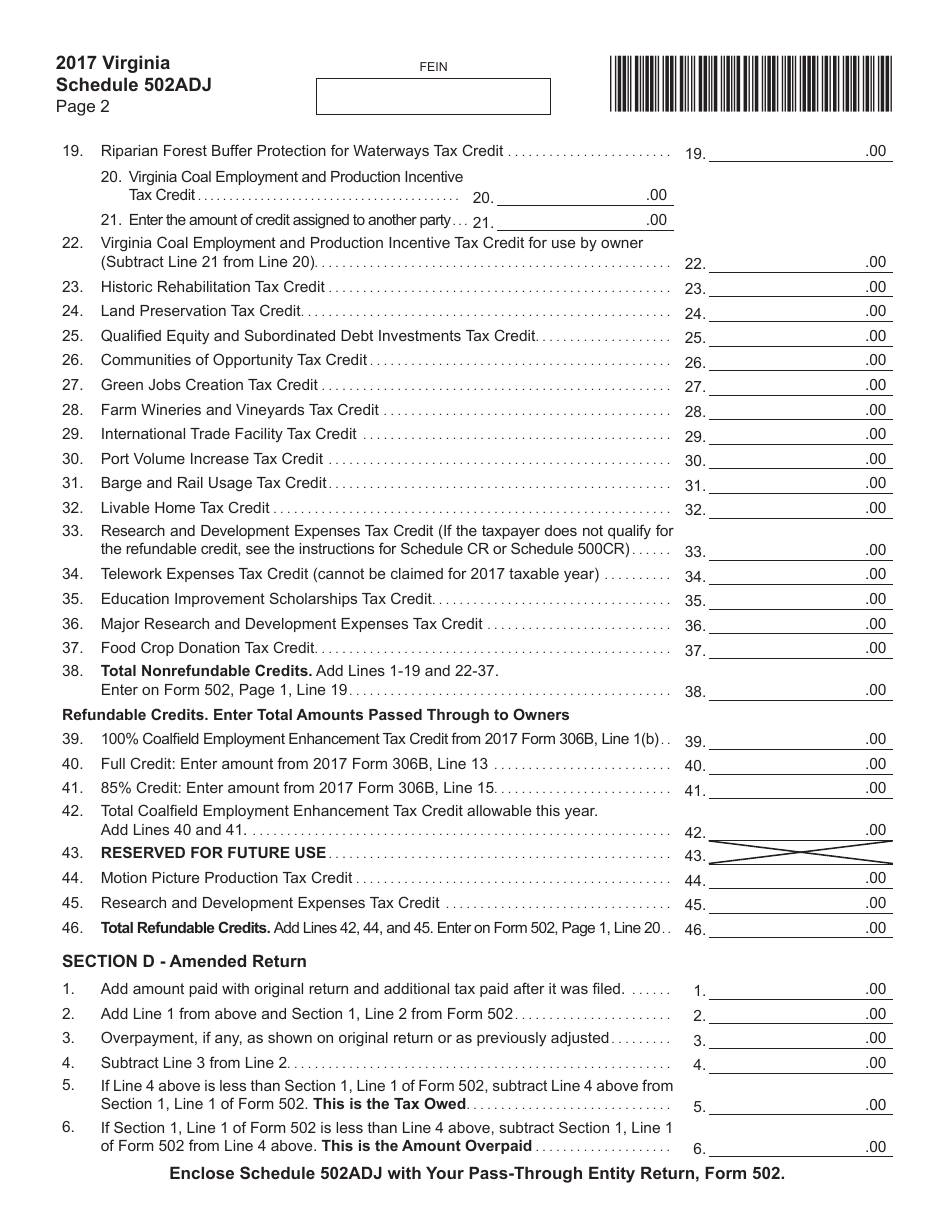 Schedule 502ADJ Pass-Through Entity Schedule of Adjustments - Virginia, Page 2
