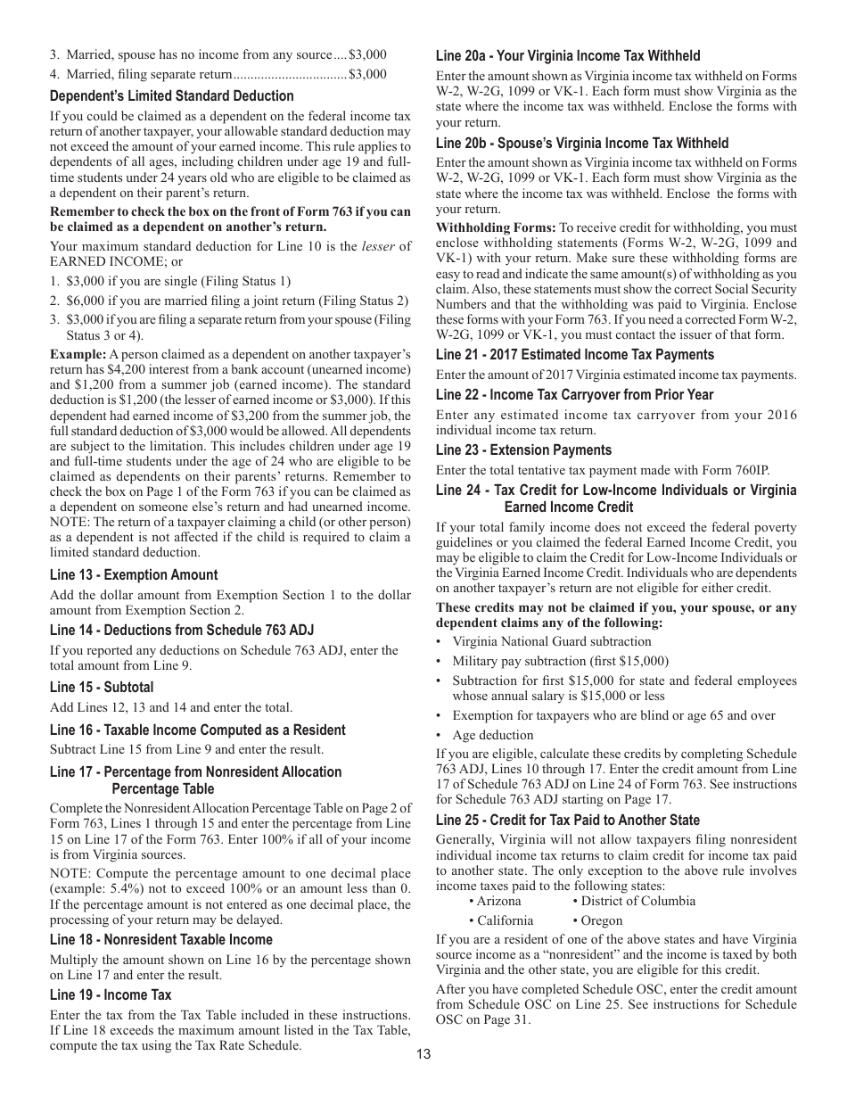 Instructions for Form 763 Nonresident Individual Income Tax - Virginia, Page 19