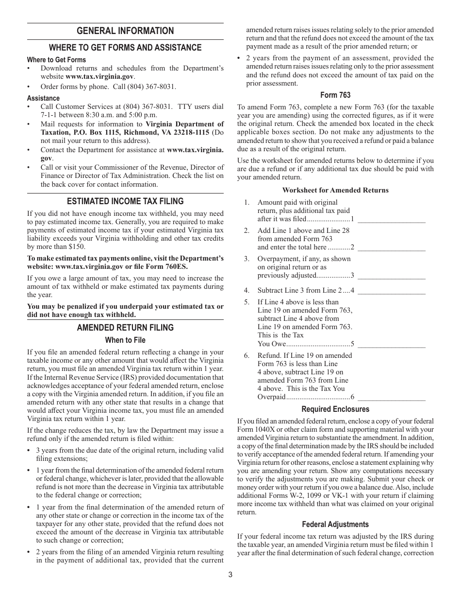 Instructions for Form 763 Nonresident Individual Income Tax - Virginia, Page 9