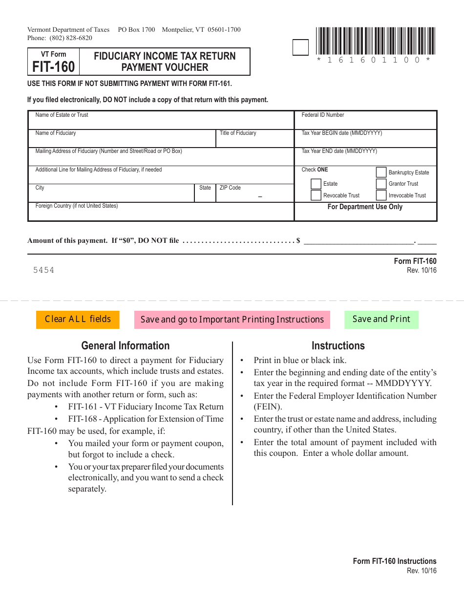 VT Form FIT-160 Fiduciary Income Tax Return Payment Voucher - Vermont, Page 1