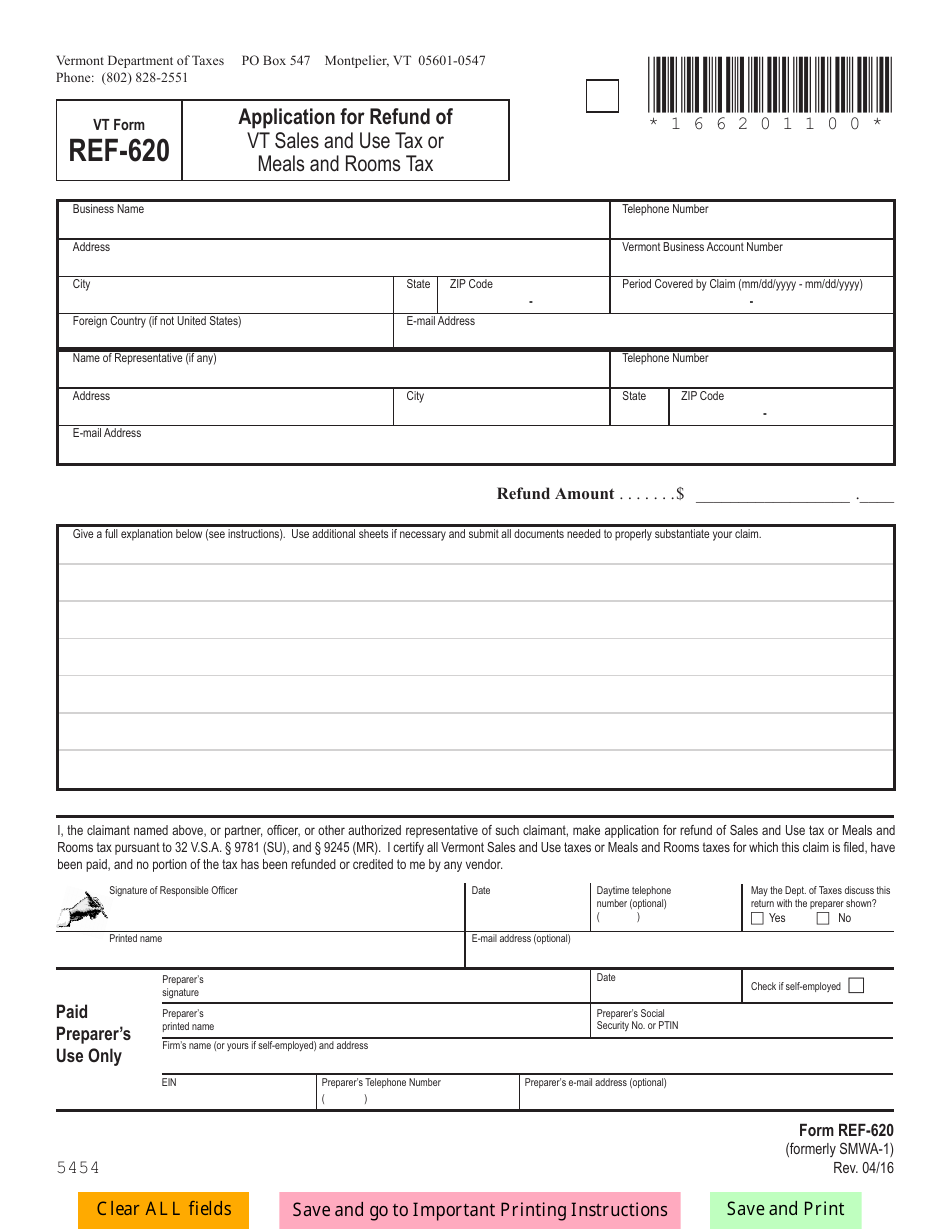 VT Form REF-620 Application for Refund of Vt Sales and Use Tax or Meals and Rooms Tax - Vermont, Page 1