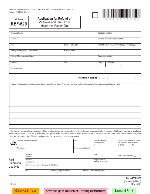 VT Form REF-620 Application for Refund of Vt Sales and Use Tax or Meals and Rooms Tax - Vermont