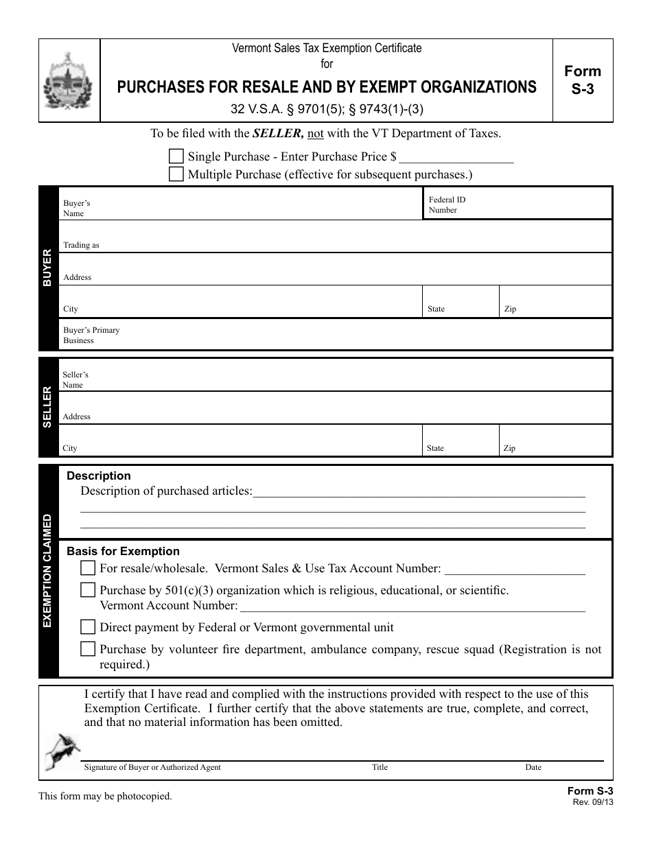 VT Form S-3 Purchases for Resale and by Exempt Organizations - Vermont, Page 1