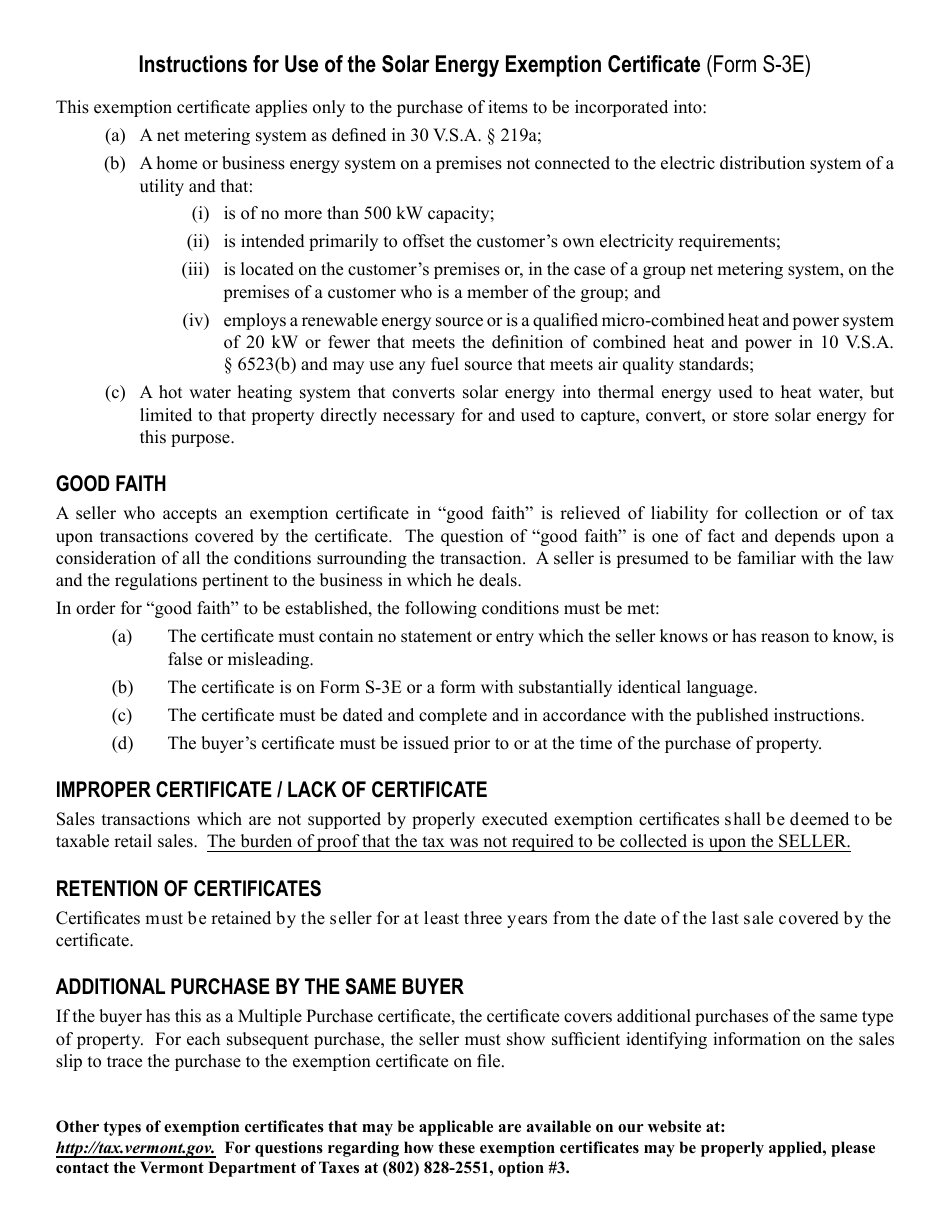 VT Form S-3E Vermont Sales Tax Exemption Certificate for Net Metering, Home or Business Energy Systems or Solar Hot Water Systems - Vermont, Page 2