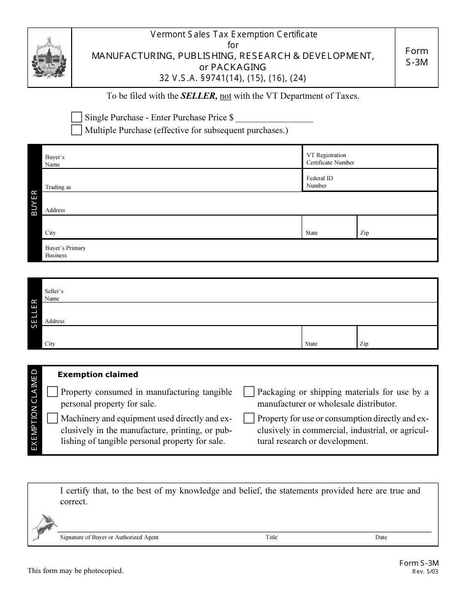 VT Form S-3M Vermont Sales Tax Exemption Certificate for Manufacturing, Publishing, Research  Development, or Packaging - Vermont, Page 1