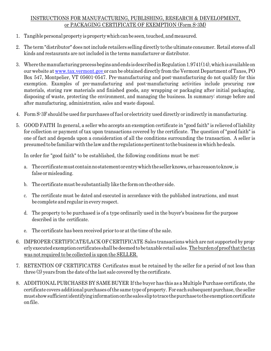 VT Form S-3M Vermont Sales Tax Exemption Certificate for Manufacturing, Publishing, Research  Development, or Packaging - Vermont, Page 2