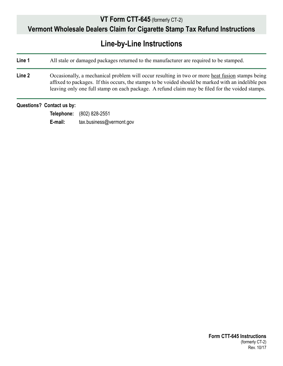 VT Form CTT-645 Vermont Wholesale Dealers Claim for Cigarette Stamp Tax Refund - Vermont, Page 2