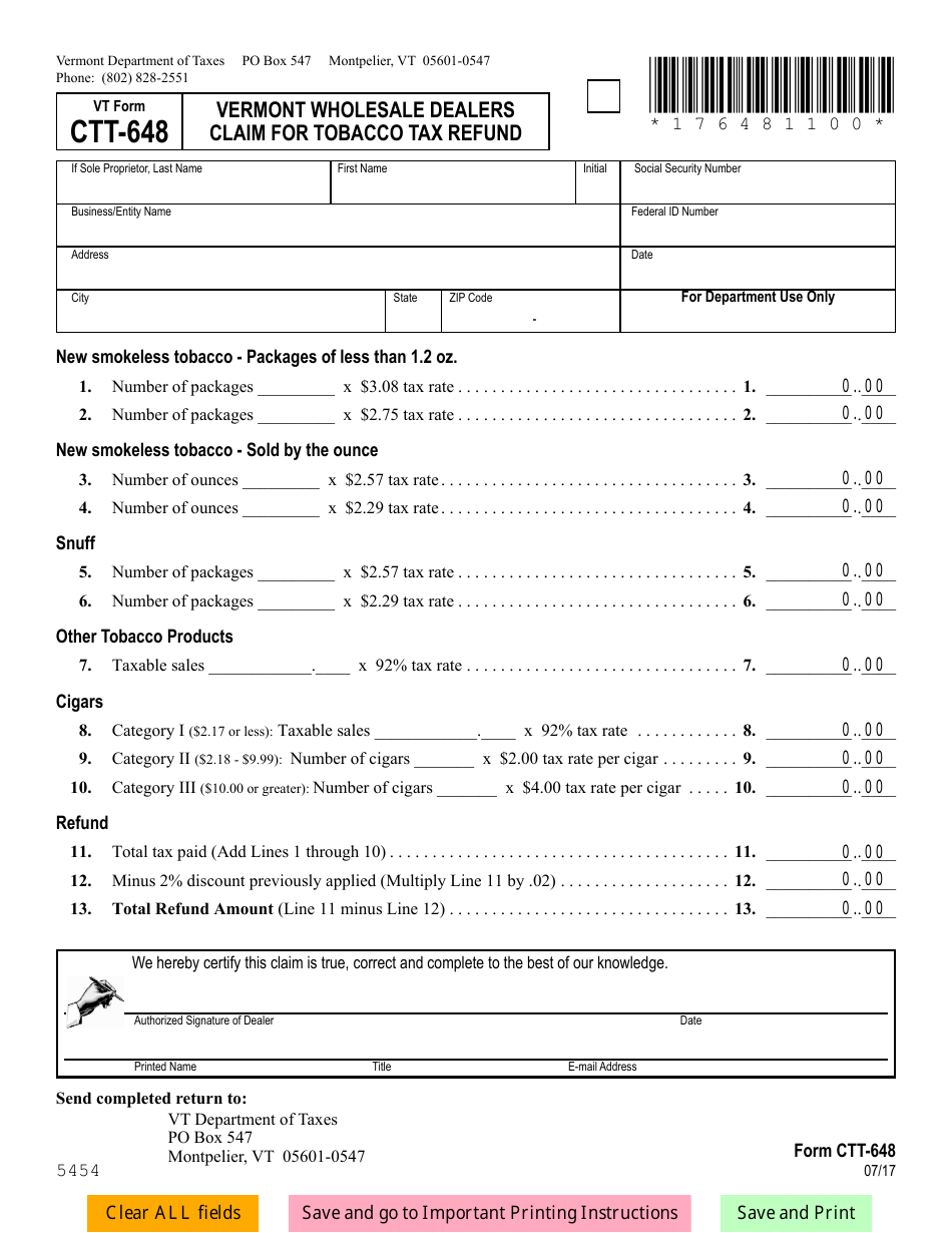 VT Form CTT-648 Vermont Wholesale Dealers Claim for Tobacco Tax Refund - Vermont, Page 1