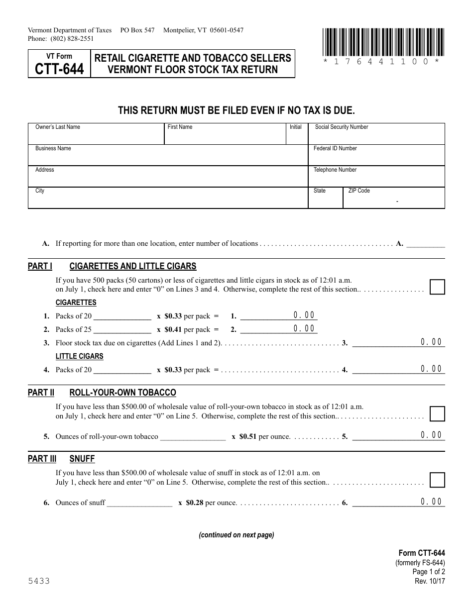 VT Form CTT-644 Retail Cigarette and Tobacco Sellers Vermont Floor Stock Tax Return - Vermont, Page 1