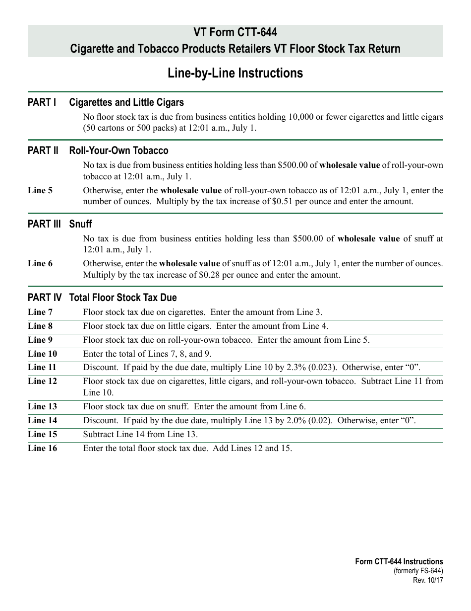 VT Form CTT-644 Retail Cigarette and Tobacco Sellers Vermont Floor Stock Tax Return - Vermont, Page 3