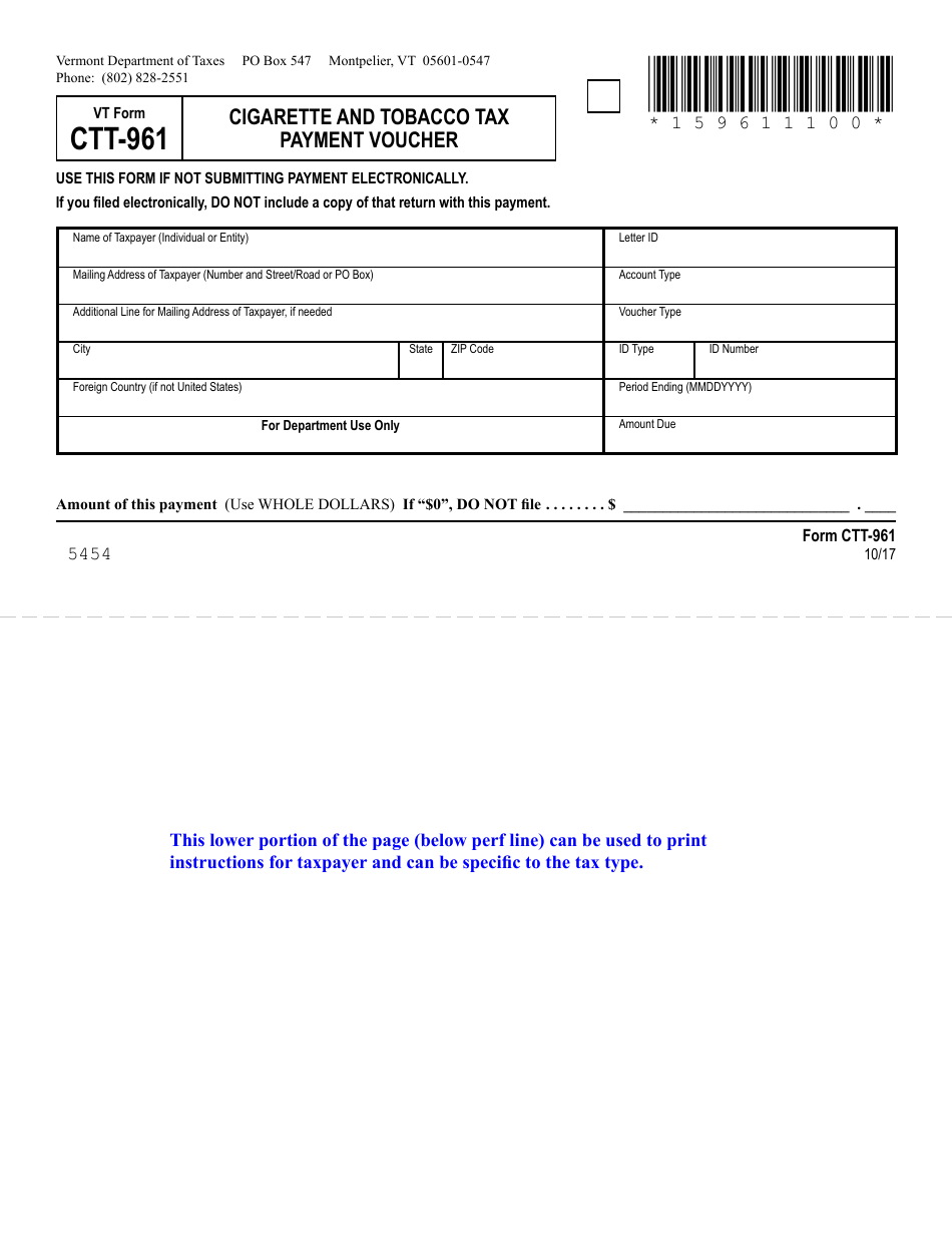 VT Form CTT-961 Cigarette and Tobacco Tax Payment Voucher - Vermont, Page 1