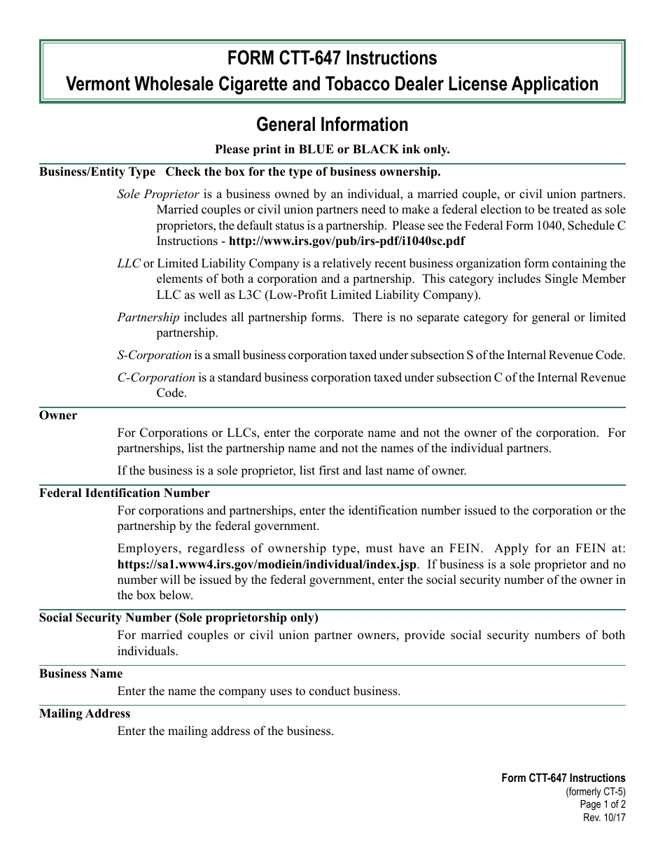 VT Form CTT-647 Vermont Wholesale Cigarette and Tobacco Dealer License Application - Vermont, Page 1