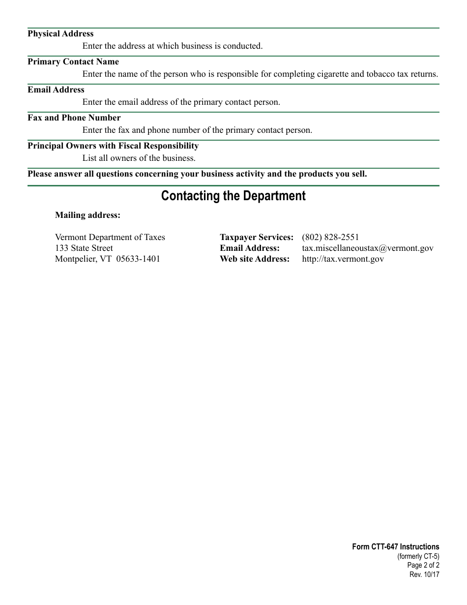 VT Form CTT-647 Vermont Wholesale Cigarette and Tobacco Dealer License Application - Vermont, Page 2