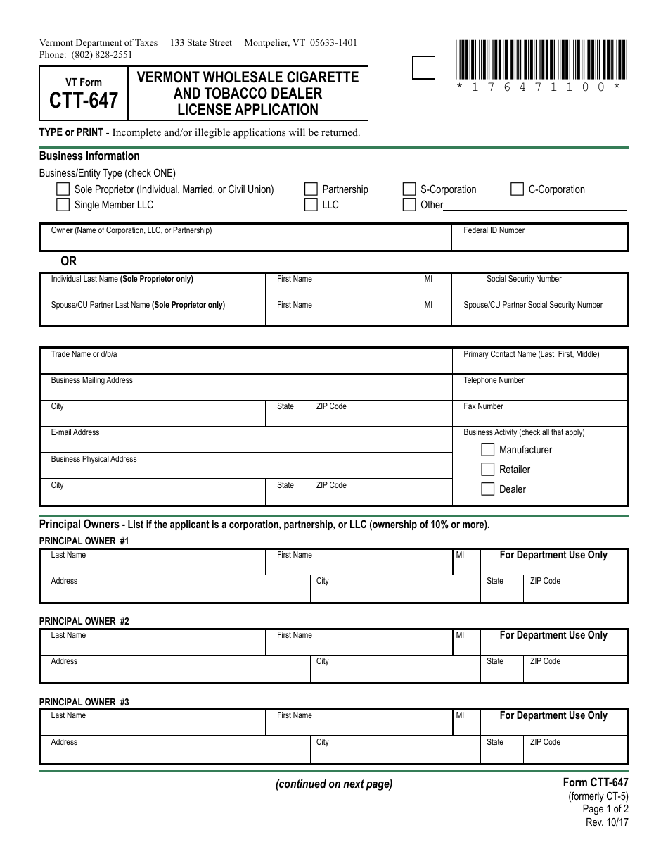 VT Form CTT-647 Vermont Wholesale Cigarette and Tobacco Dealer License Application - Vermont, Page 3