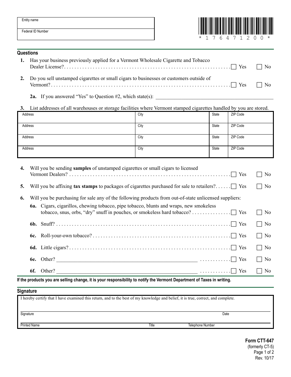 VT Form CTT-647 Vermont Wholesale Cigarette and Tobacco Dealer License Application - Vermont, Page 4