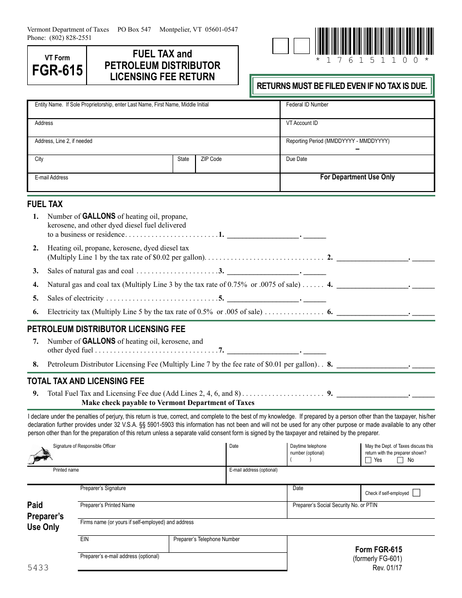 VT Form FGR-615 Fuel Tax and Petroleum Distributor Licensing Fee Return - Vermont, Page 1