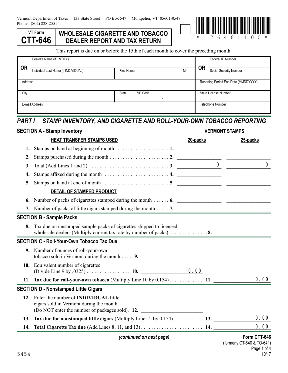 VT Form CTT-646 Wholesale Cigarette and Tobacco Dealer Report and Tax Return (Formerly Ct-640  to-641) - Vermont, Page 1