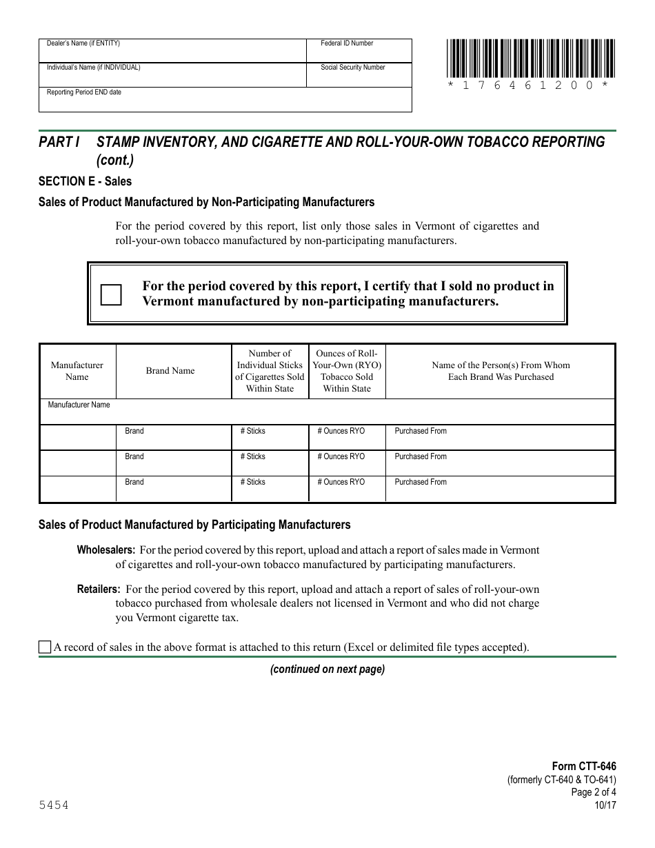 VT Form CTT-646 Wholesale Cigarette and Tobacco Dealer Report and Tax Return (Formerly Ct-640  to-641) - Vermont, Page 2