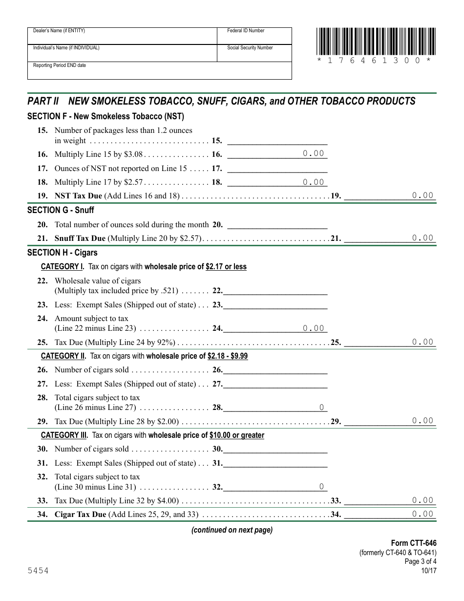 VT Form CTT-646 Wholesale Cigarette and Tobacco Dealer Report and Tax Return (Formerly Ct-640  to-641) - Vermont, Page 3