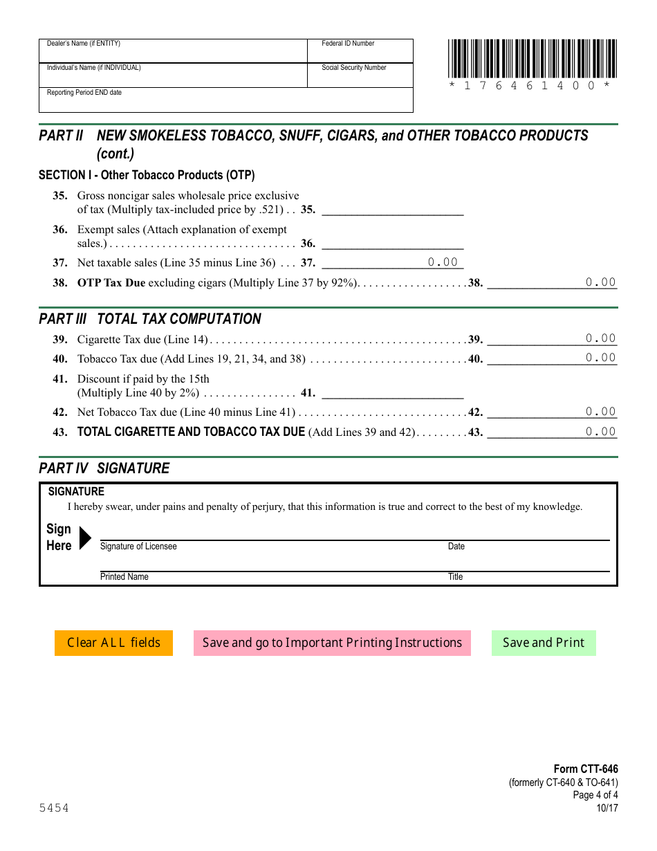 VT Form CTT-646 Wholesale Cigarette and Tobacco Dealer Report and Tax Return (Formerly Ct-640  to-641) - Vermont, Page 4