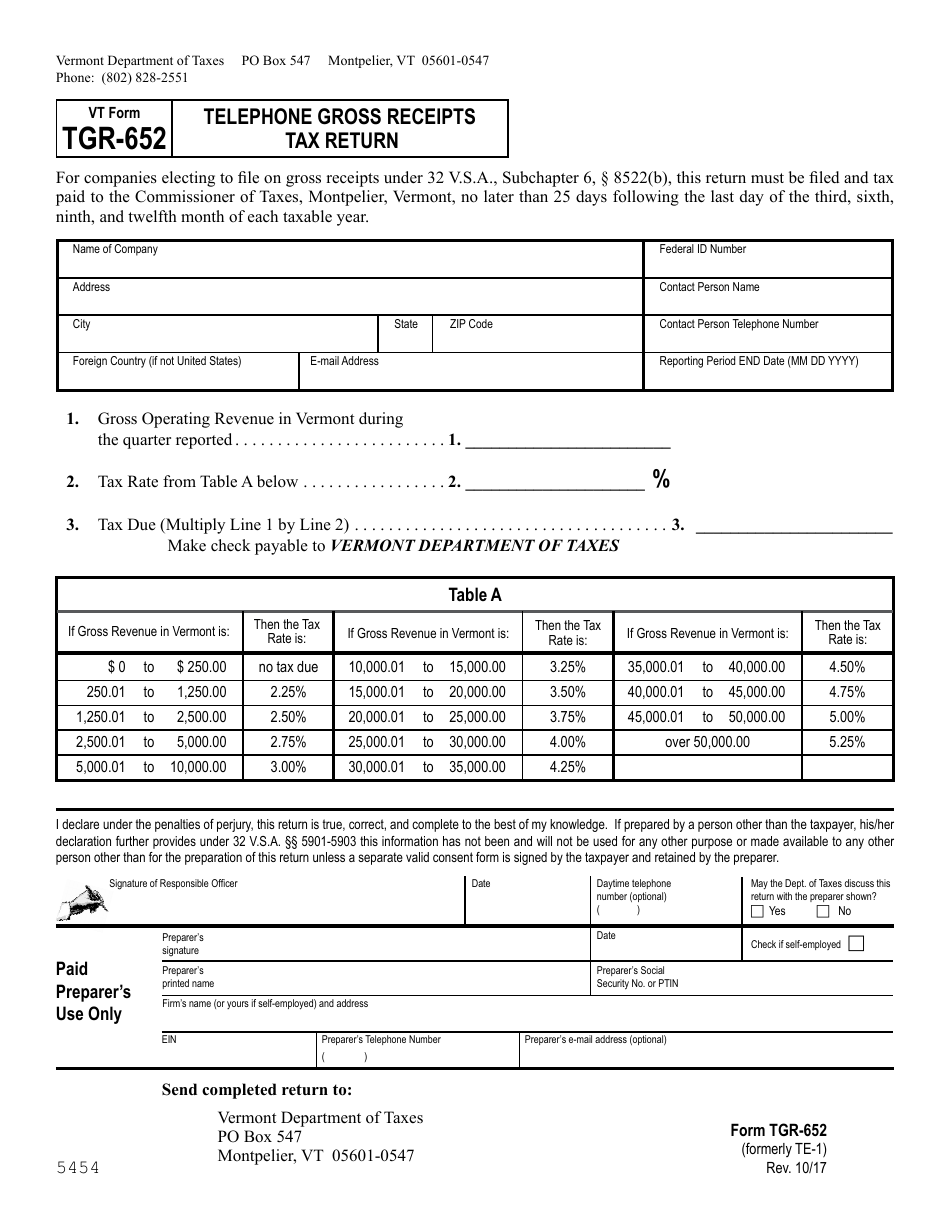 VT Form TGR-652 Telephone Gross Receipts Tax Return - Vermont, Page 1