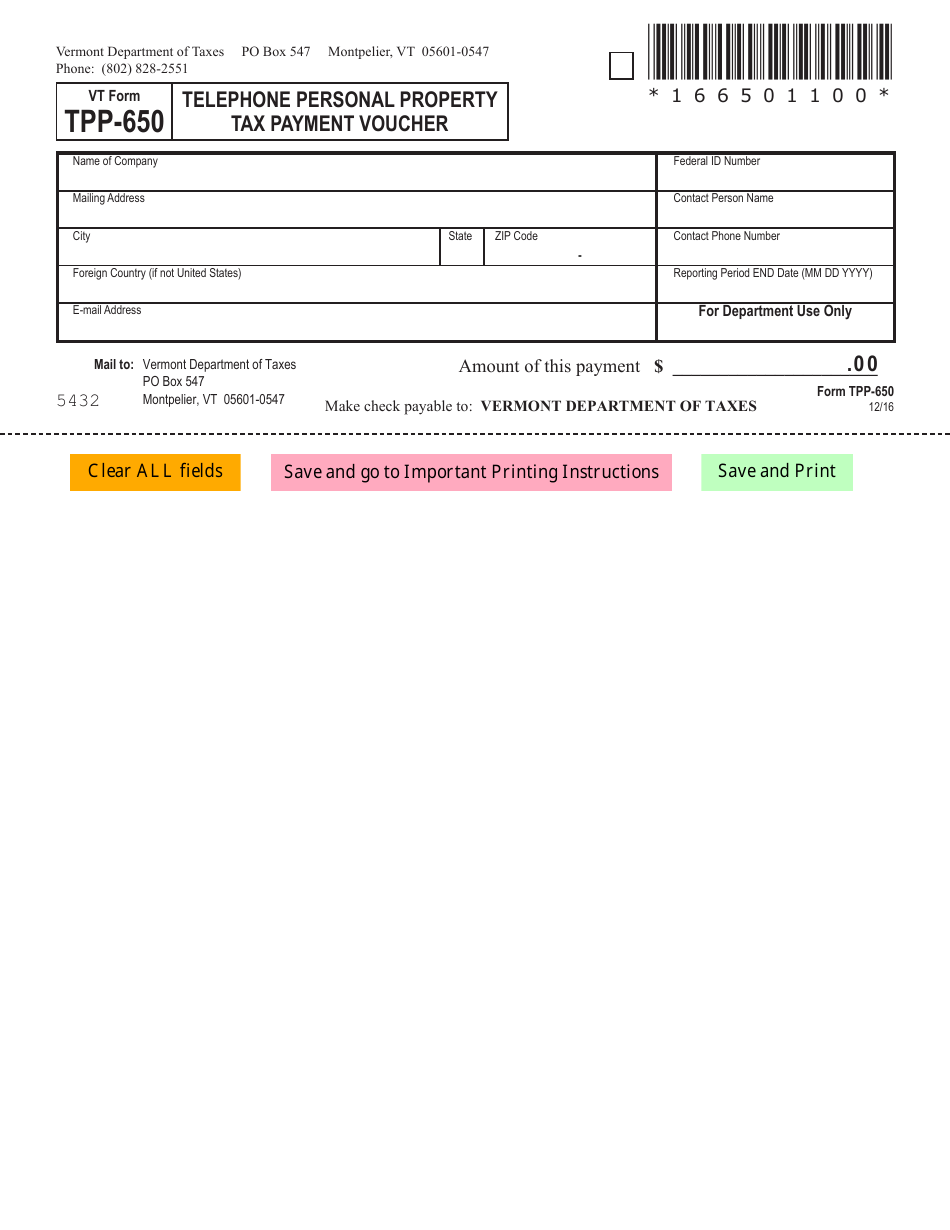 VT Form TPP-650 Telephone Personal Property Tax Payment Voucher - Vermont, Page 1