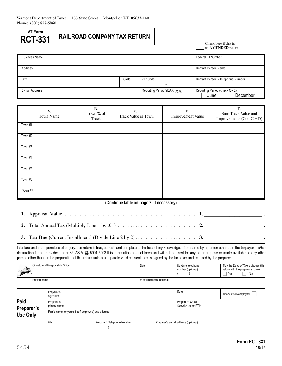 VT Form RCT-331 Railroad Company Tax Return - Vermont, Page 1