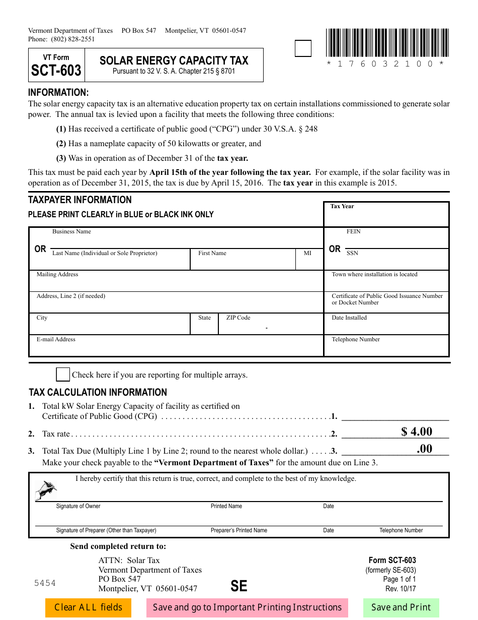 VT Form SCT-603 Solar Energy Capacity Tax - Vermont, Page 1