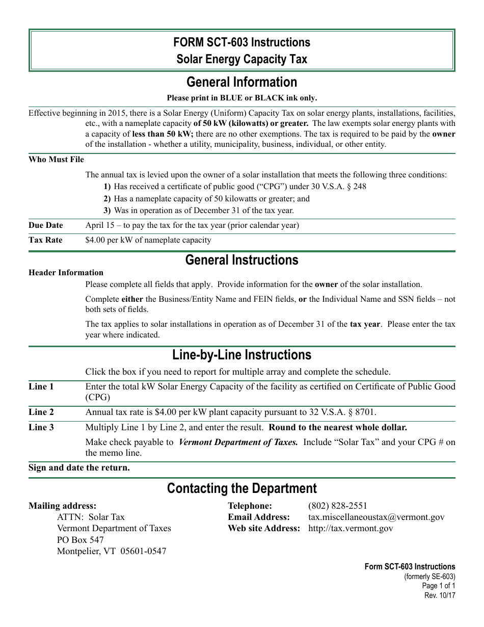 VT Form SCT-603 Solar Energy Capacity Tax - Vermont, Page 3