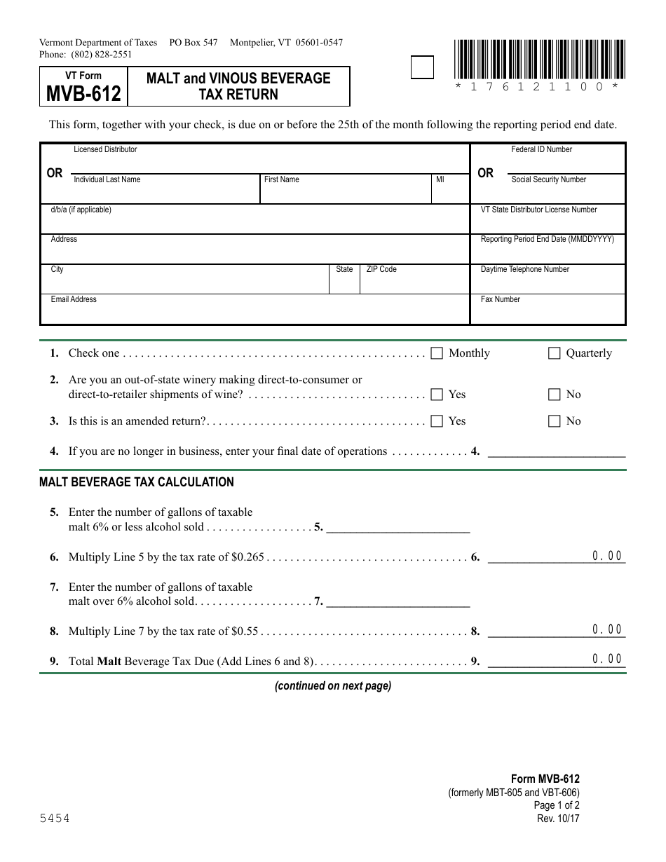 VT Form MVB-612 Malt and Vinous Beverage Tax Return - Vermont, Page 2